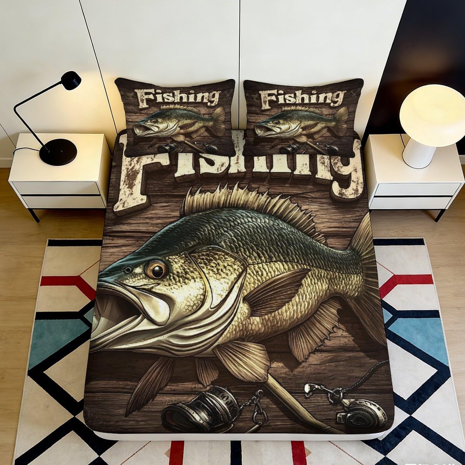 3D Printed Largemouth Bass Fitted Sheet Microfiber Fishing Theme Bed Cover Rustic Art Decor for Bedroom Guest Room 90x200x25cm