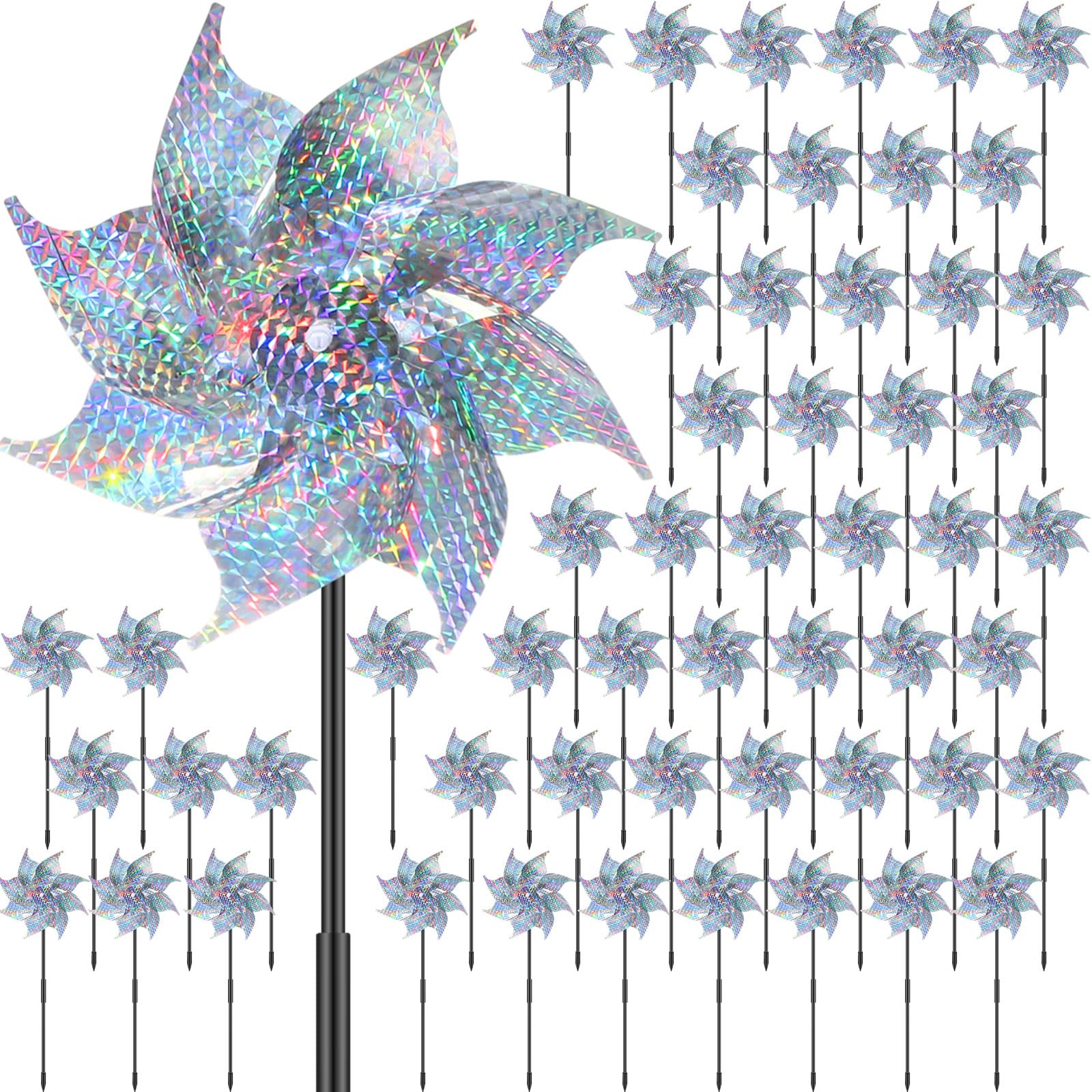 Qualirey 80 Pieces Reflective Pinwheels with Stakes Wind Spinner for Garden Decor Bird Repellent Devices Outdoor Silver Sparkly Windmills to Scare Birds Away from Outside Garden Yard Patio Farm