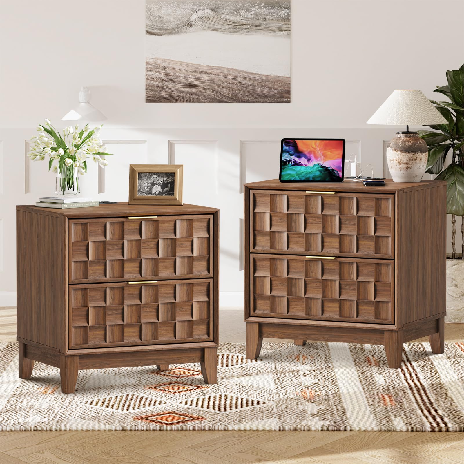 COLAMY Nightstand Set of 2, Night Stand with Charging Station, 2 Drawers Modern Bedside End Table Dresser, with Chessboard Relief and Wood Legs, for