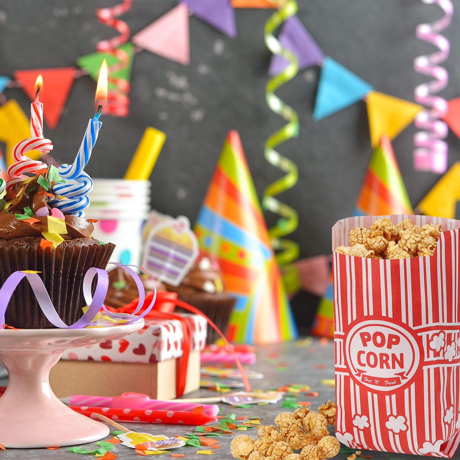Lot De 100 Sachets à Popcorn - 21x9x6 Cm - Papier Résistant à L'Huile - Pour Cinéma Maison, Fêtes, Bonbons