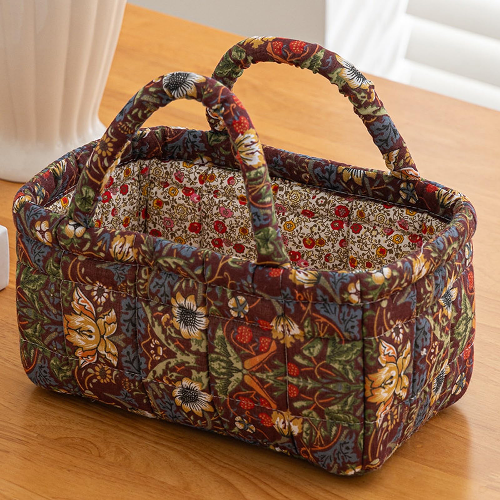 Floral Fabric Storage Basket – Portable Collapsible Laundry Bin with Handles, for Closet, Bedroom – Stores Socks, Keys, Toys(Floral P2-15)