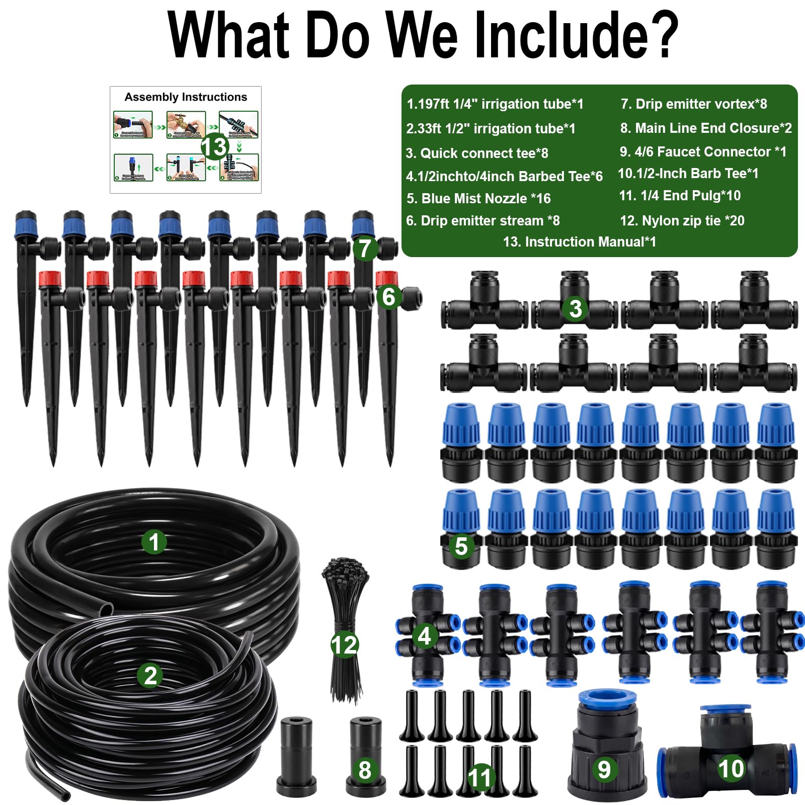 Kit de riego por goteo, sistema de riego automático de jardín de 230 pies con tubo de bloqueo rápido de conexión rápida de 1/4 y 1/2 pulgada, boquillas ajustables y aspersores para invernadero, césped