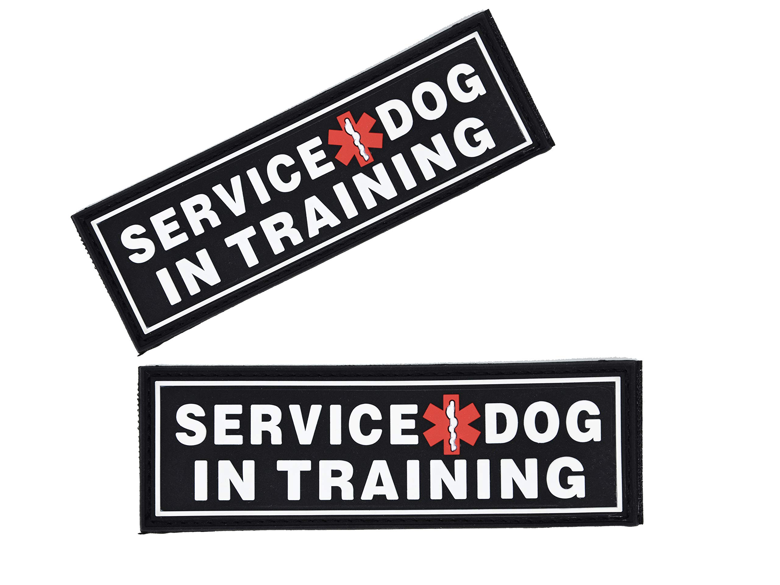Dogline Service Dog in Training Patches for Harnesses and Vests Removable 3D Rubber Patches with Hook Backing for Small Medium or Large Working Dogs 2" x 6" - Two Patches