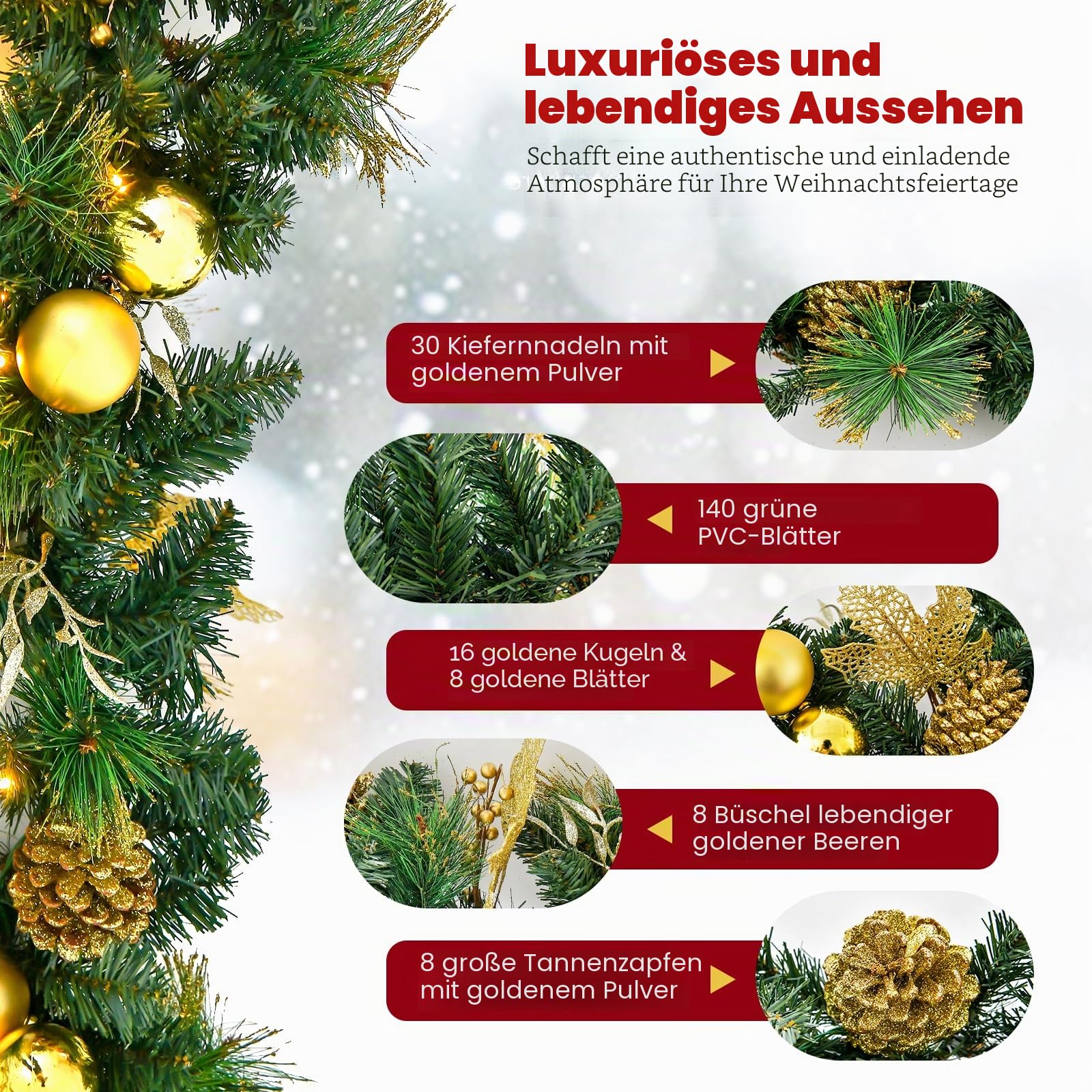 KOMFOTTEU 270 cm Weihnachtsgirlande mit 50 LEDs & Timerfunktion, künstliche Tannengirlande mit 8 goldenen Beeren und Tannenzapfen, Weihnachtsdekoration für Treppe, Kamin