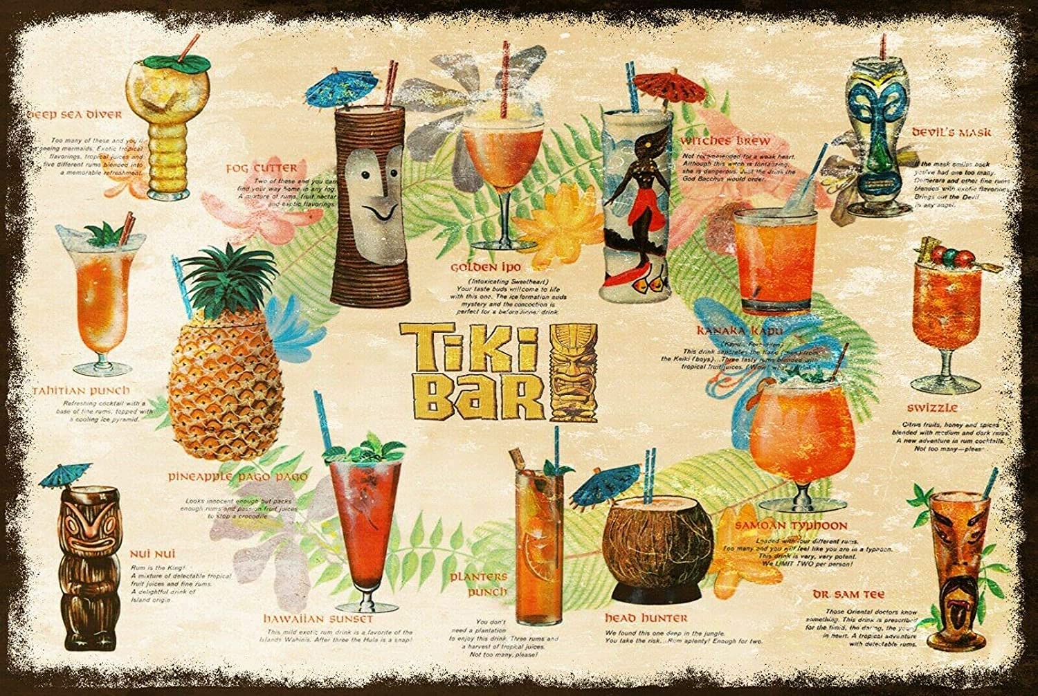 Rifosa A6 6"X8" Tiki Bar Summer Cocktail Menu Vintage Retro Metal Sign, Bar Pub Mancave