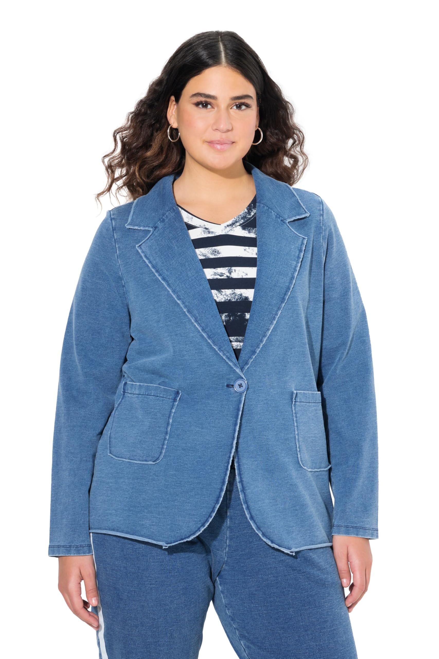 Ulla Popken Damen große Größen Übergrößen Plus Size Sweatblazer, Jeansoptik, Reverskragen, Langarm 823981