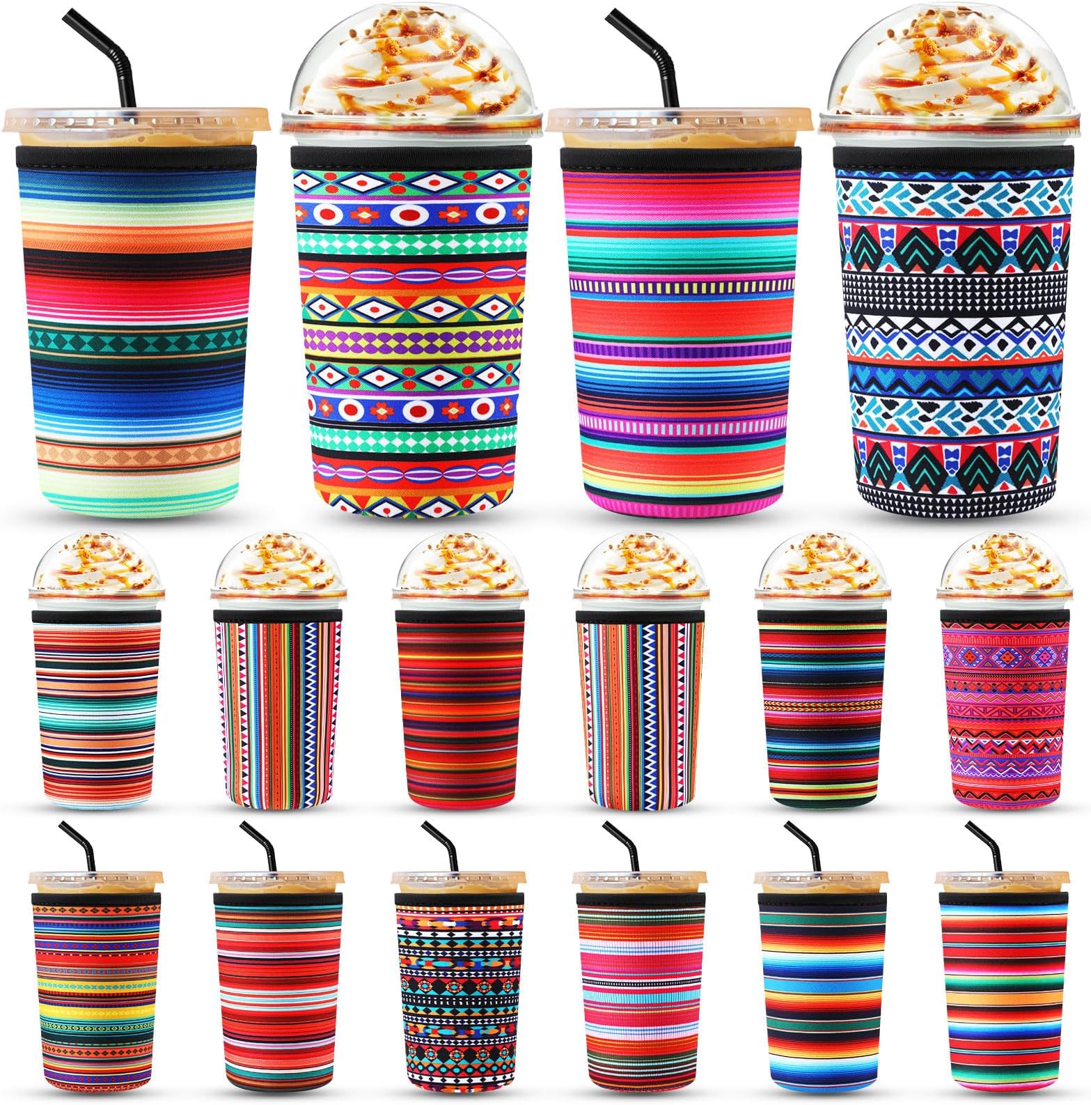 16 Pcs Iced Coffee Cup Sleeves Bulk 22-24 oz Reusable Drink Cup Sleeve Neoprene Insulator Tumbler Holder for Cold and Hot Beverages Soda, Color Stripes