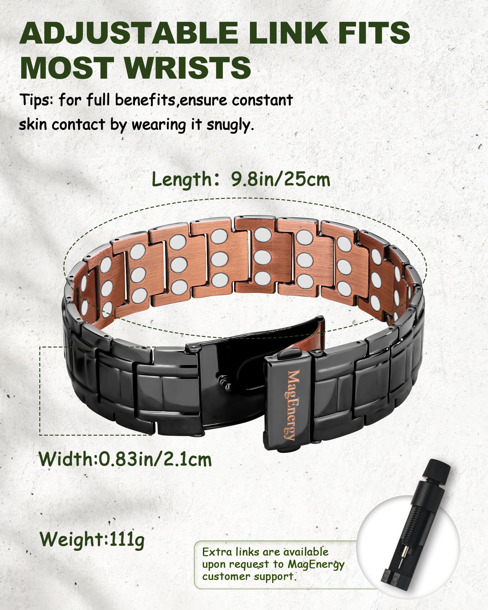 MagEnergy Pulsera de cobre para hombre, pulsera magnética ajustable con herramienta de extracción de eslabones