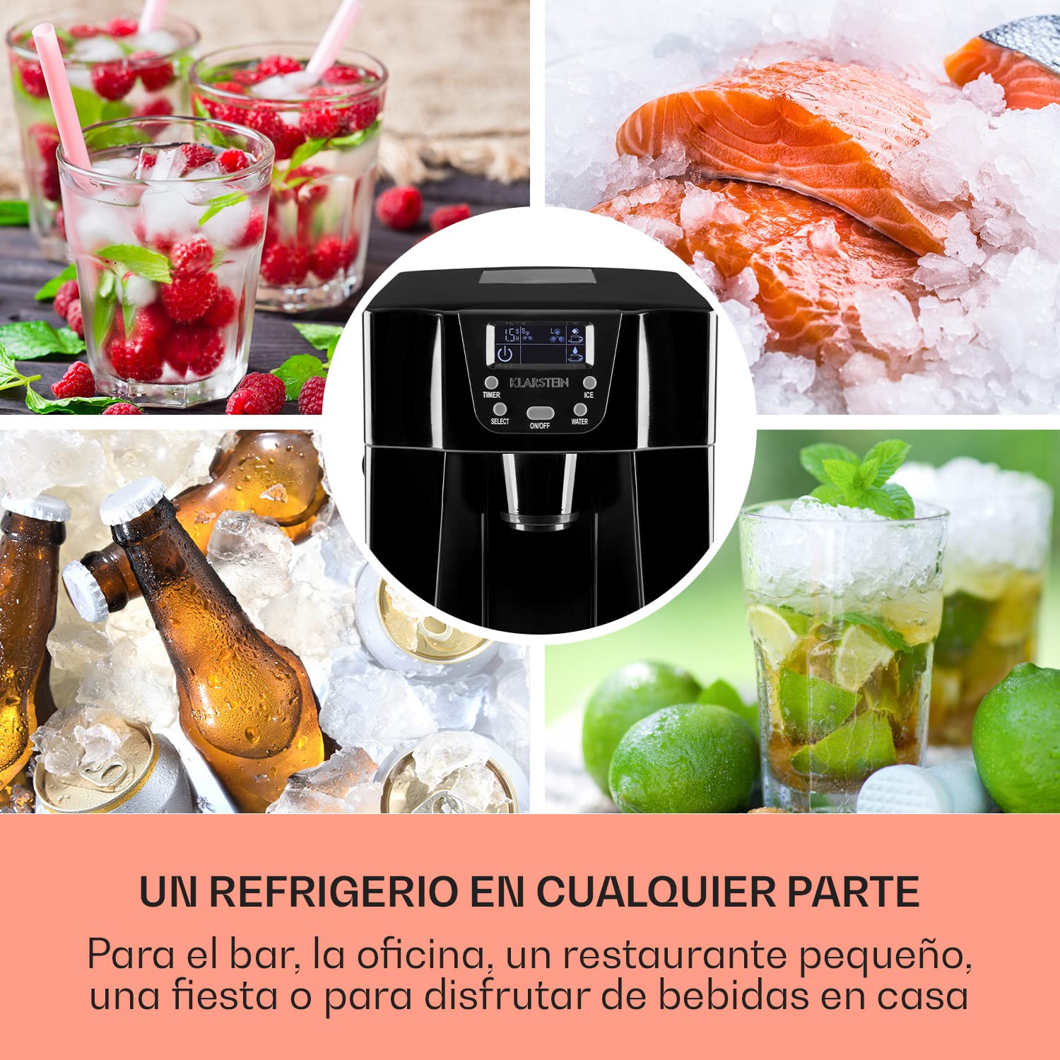 Klarstein Maquina de Hielo para Encimera, Maquina Hacer Cubitos de Hielo Domestica, Producción 12 kg., Depósito Agua Capacidad 2 l. Dispensador Agua Fría, Ice Maker Sobremesa, Máquina Cubitos de Hielo