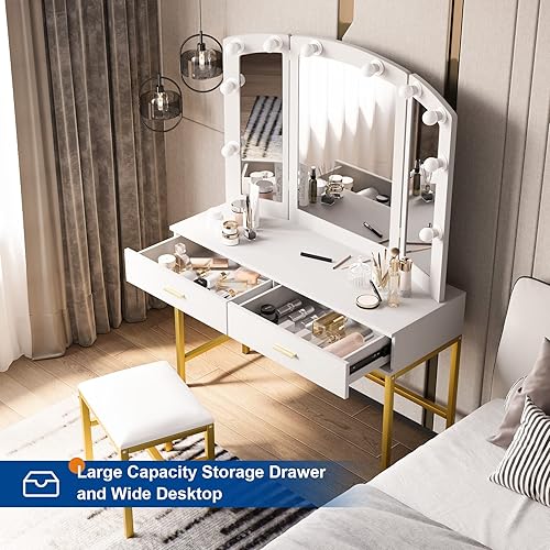 Miniatura 2 de Semiocthome Espejo de tocador blanco con luces y mesa con cajones 9 luces LED escritorio de tocador de maquillaje con taburete espejo de tocador