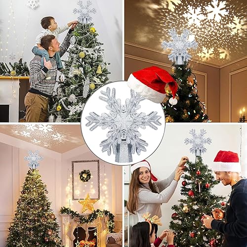 Miniatura 5 de Decoración para árbol de Navidad, proyector giratorio 3D con patrón de copo de nieve plateado para decoración del árbol de Navidad, diseño hueco,