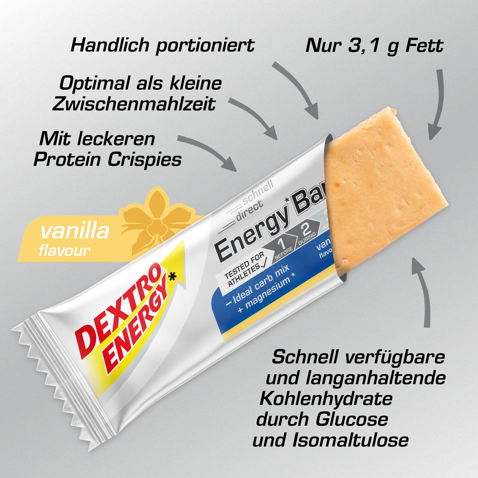 Dextro Energy Energy Bar -Vanille - 24x50g - Kohlenhydrat Boost Riegel mit Magnesium und Nährstoffen & Müsliriegel - kohlenhydratreicher Riegel- Joghurt - 25 x 35 g