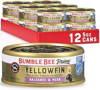 Bumble Bee Prime Balsamic & Herb Yellowfin Tuna in Extra Virgin Olive Oil, 5 oz Cans (Pack of 12) - Wild Caught Ahi Tuna - 28g Protein Per Serving - Non-GMO, MSC Certified Sustainable Seafood