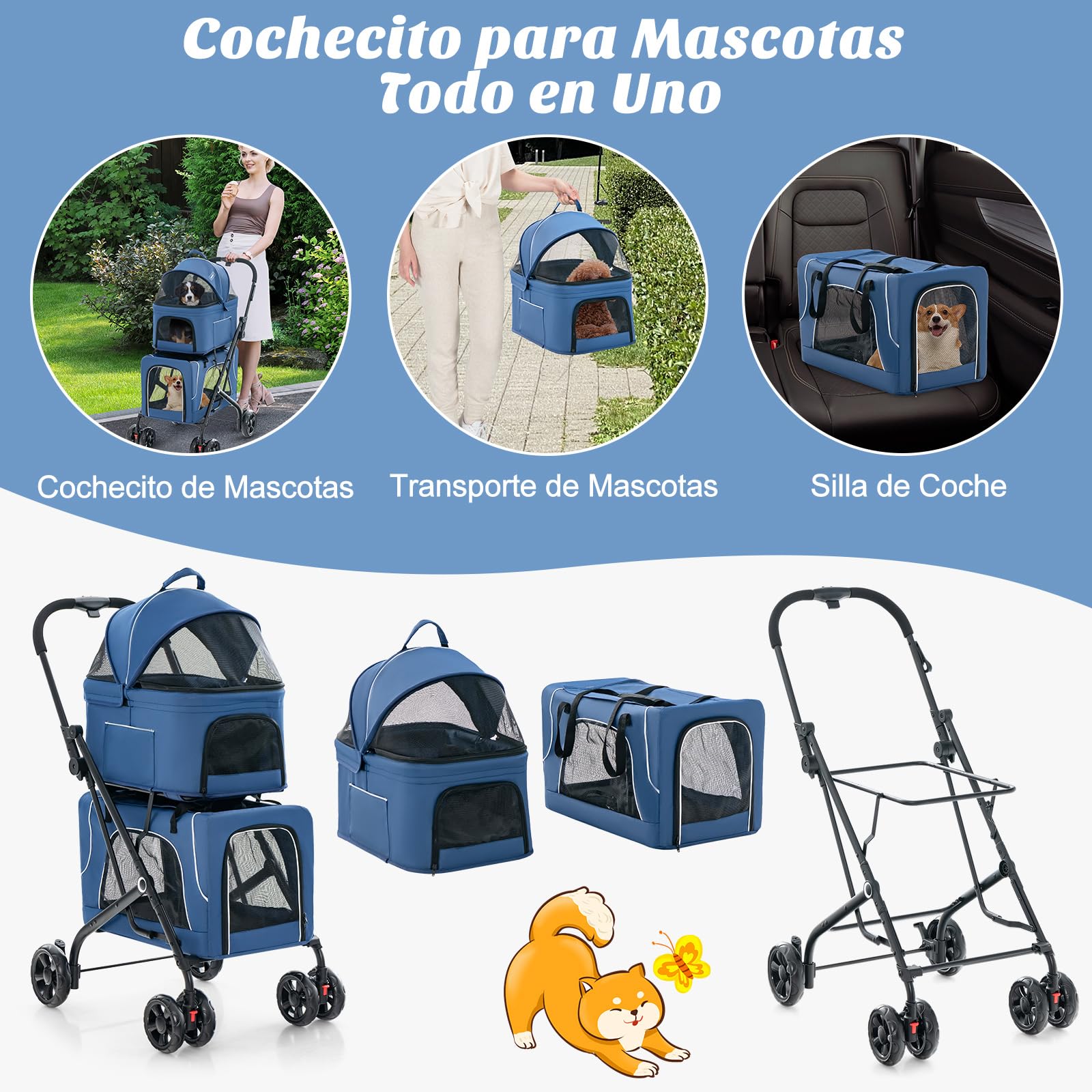 COSTWAY Cochecito para Perros Plegable, 3 en 1 Carrito para 2 Perros o Gatos, con 2 Transportines Desmontables, Cinturón de Seguridad, Cojines Desmontables, Carrito de Viaje para Mascotas (Azul)