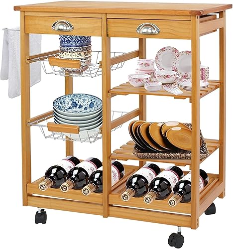 Carrito de madera para isla de cocina con almacenamiento, carrito de servicio rodante sobre ruedas con 2 cajones, 3 estantes de almacenamiento,