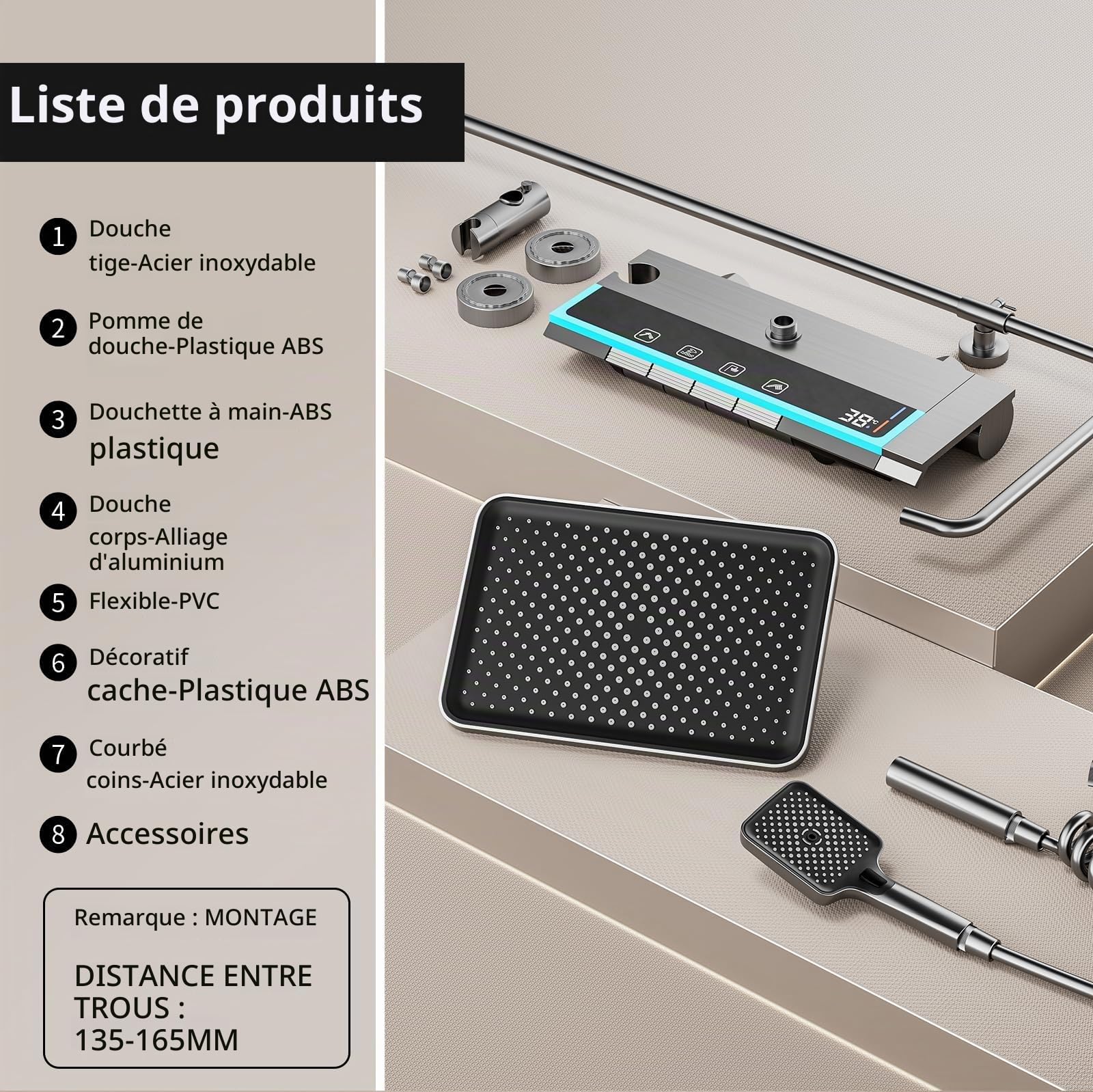 Colonne de Douche avec Écran LED Numérique et Horloge, Éclairage d’Ambiance, Robinetterie Réglable en Hauteur avec Boutons Piano et Douchette Bidet pour Salle de Bain