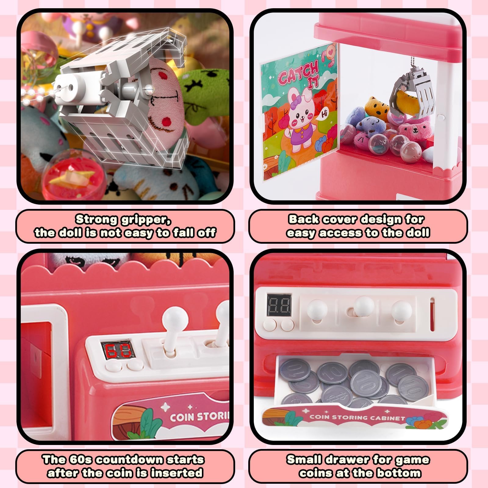 Máquina De Garras Mini Candy Doll – Con 10 Peluches Y 10 Cápsulas, Luces Y Música, 31.5x18.5x16.5 Cm, Para 3+ Años