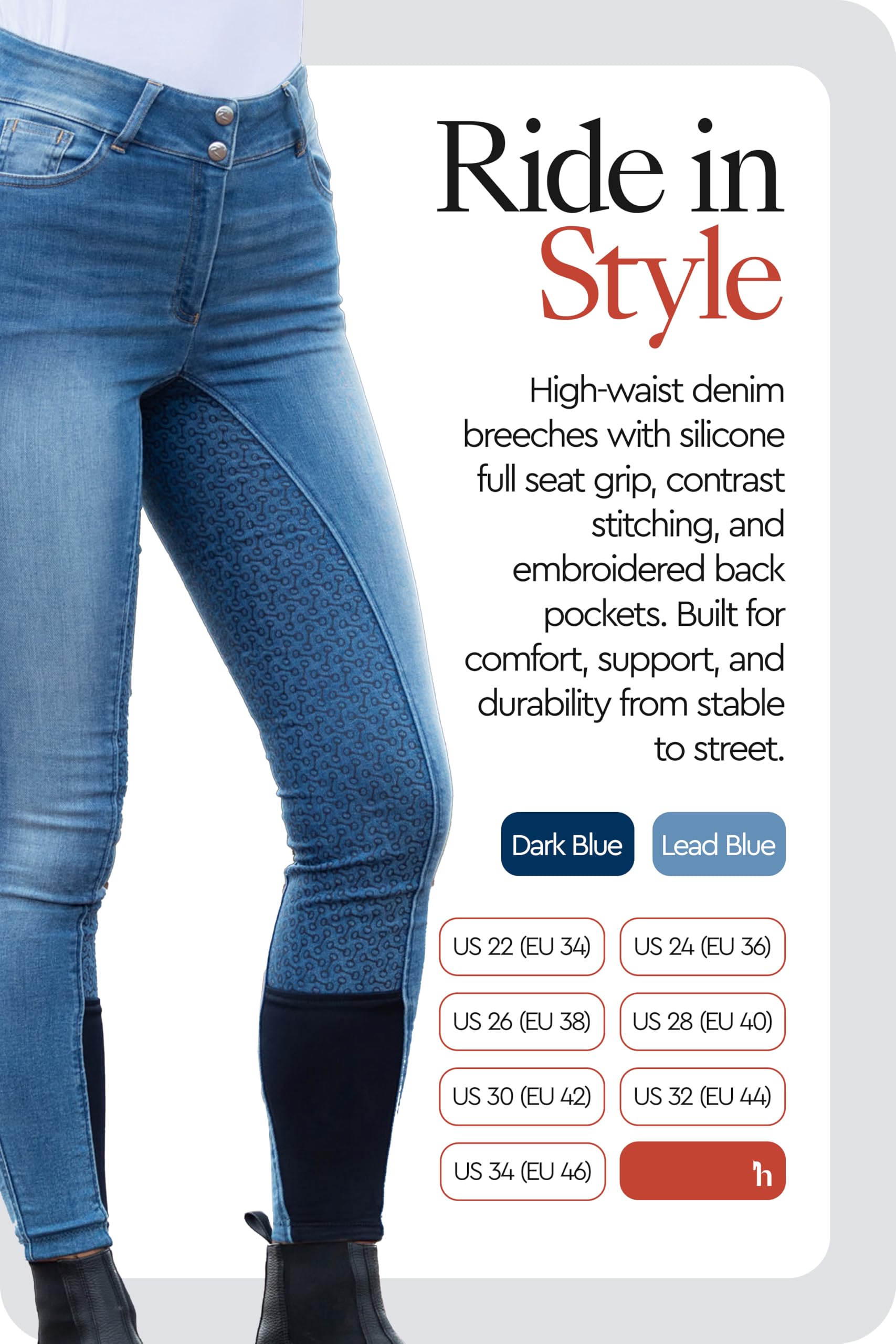 HORZE Pantalones de Montar Vaqueros con Cintura Alta de Asiento Completo de Silicona para Mujer Kaia