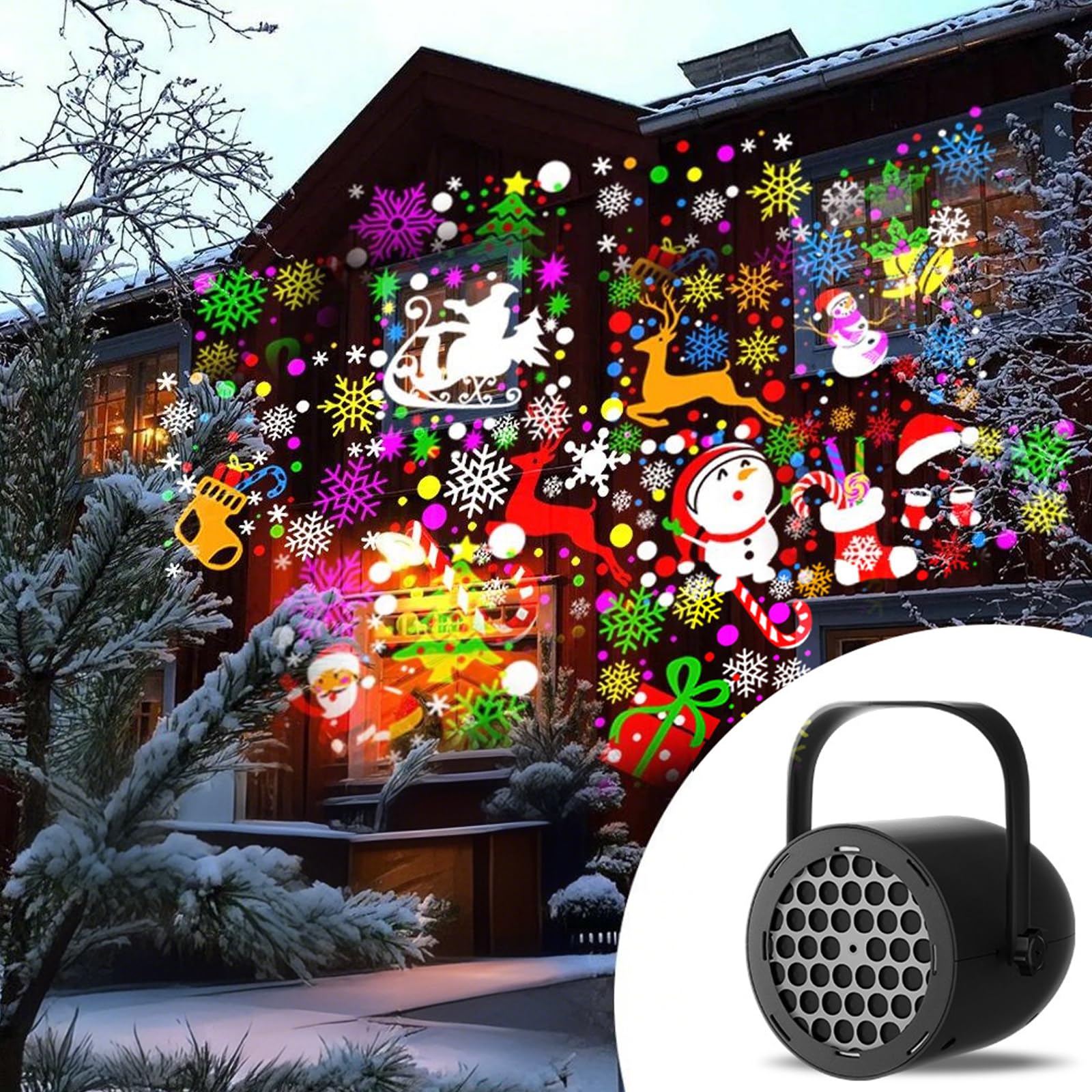 Christmas Projector Lights Outdoor, 16 Slides Dynamic Snow Projector, Snowman Santa Deer Holiday Projection Lights Outside Christmas Decorations for House Garden Party (Black,Xmas Pattern)