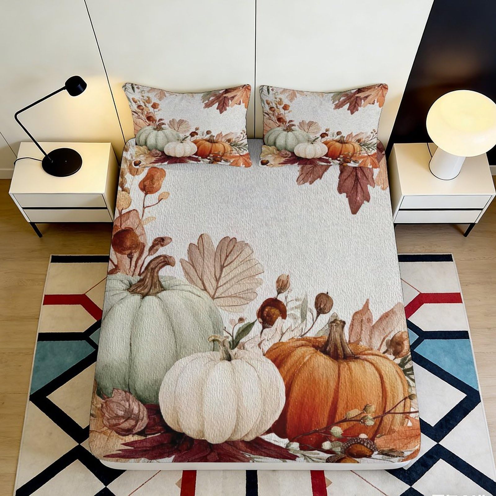3D Printed Autumn Pumpkin Fitted Sheet Microfiber Soft Bed Cover for Bedroom Guest Room Dustproof Decor 90x200x25cm