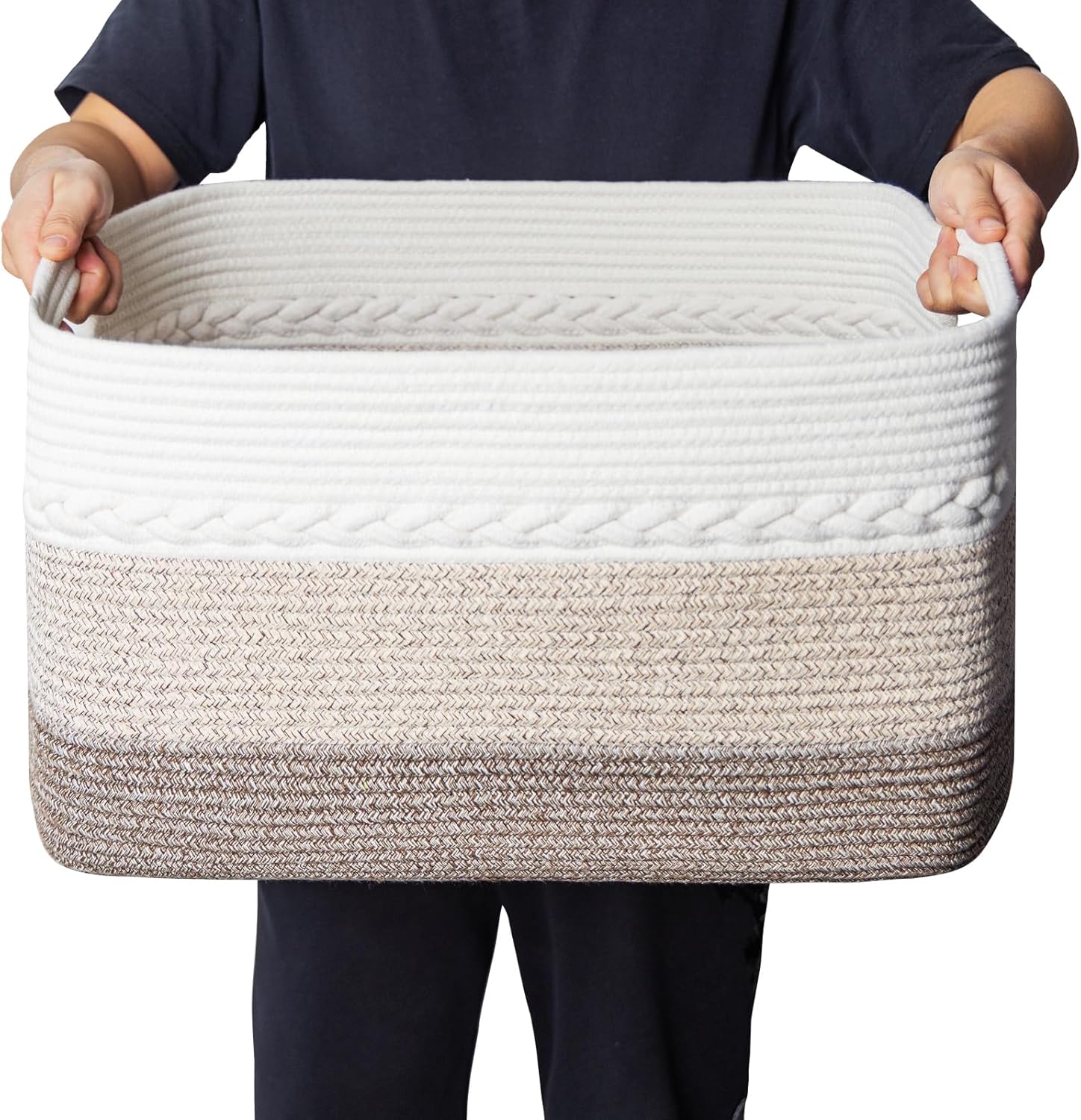 Ollieroo XXXXL Soft Woven Rope Laundry Hamper, Extra Large Laundry Basket with Handles, Collapsible Cotton Closet Storage Bins for Shelves, Toys, Pillows, Blankets, Clothes and Towels(Gradient Brown)