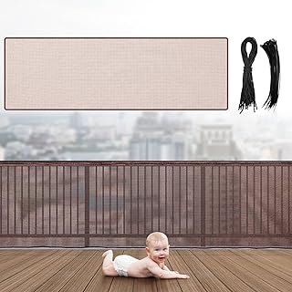 Hosuly Banister Guard 18 x 3 ft Balcony Netting for Kids Pets Stairway Safety Net Baby Fence Door Balcony Netting Safety Mesh Stair Net with No Drilling for Apartment Railing(Brown)