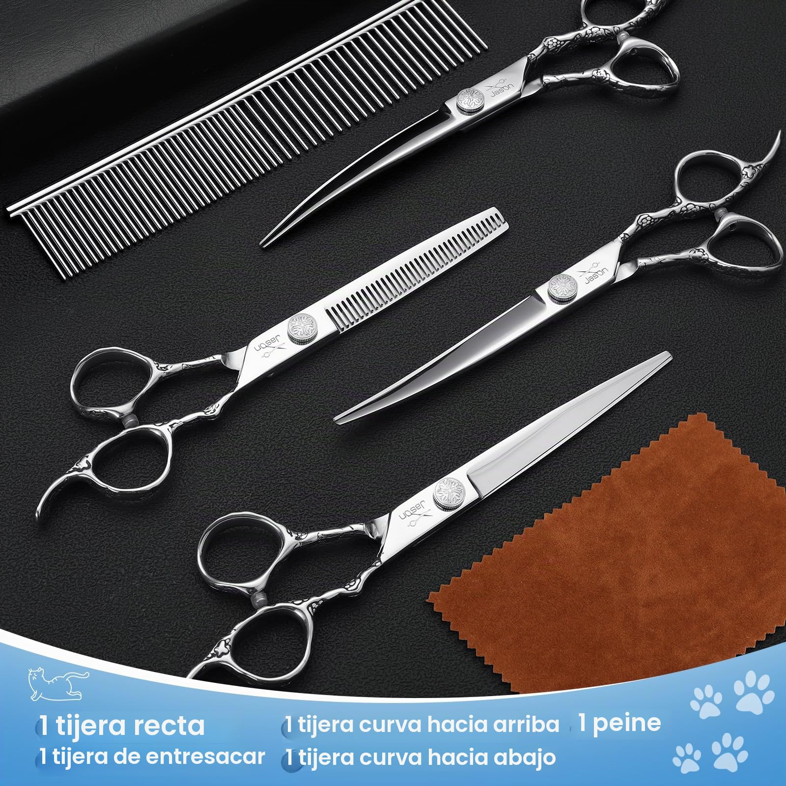 JASON Juego de tijeras profesionales para perros, 6 en 1, juego de tijeras rectas/curvadas/chunker y peine para perros, gatos, mascotas, con tornillo ajustable, color plateado
