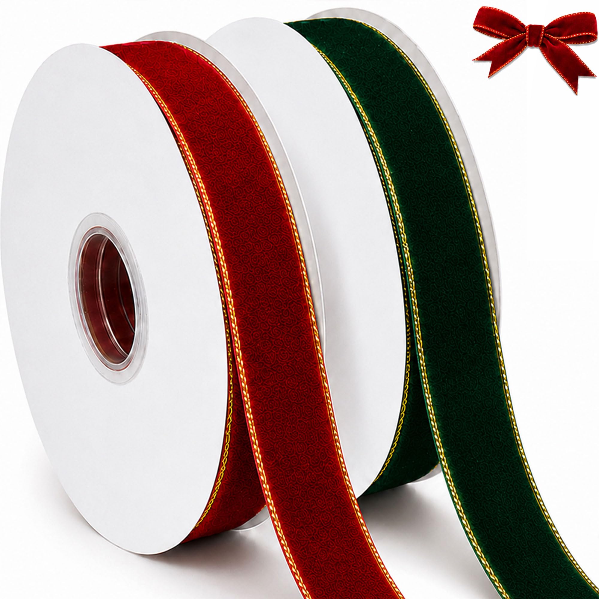 Red Green Velvet Ribbon 20mmx21.87 Yards, Christmas Burgundy Velvet Ribbon