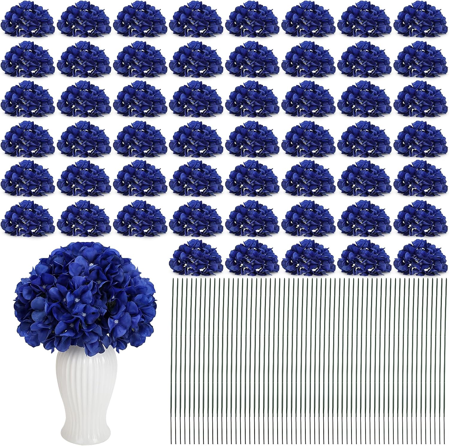Nagobi 104 Pcs Hydrangea Artificial Flowers, Royal Blue Faux Hydrangea Flowers with Stems for Wedding Arch, Realistic Fake Silk Hydrangeas for Table Centerpieces, Baby Shower, Home Party Decoration