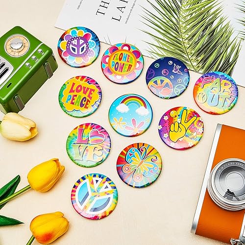 Miniatura 4 de 30 piezas hippie 60's Party Button Pin Retro 60s Pin de botón Pin para disfraz hippie accesorio, color al azar