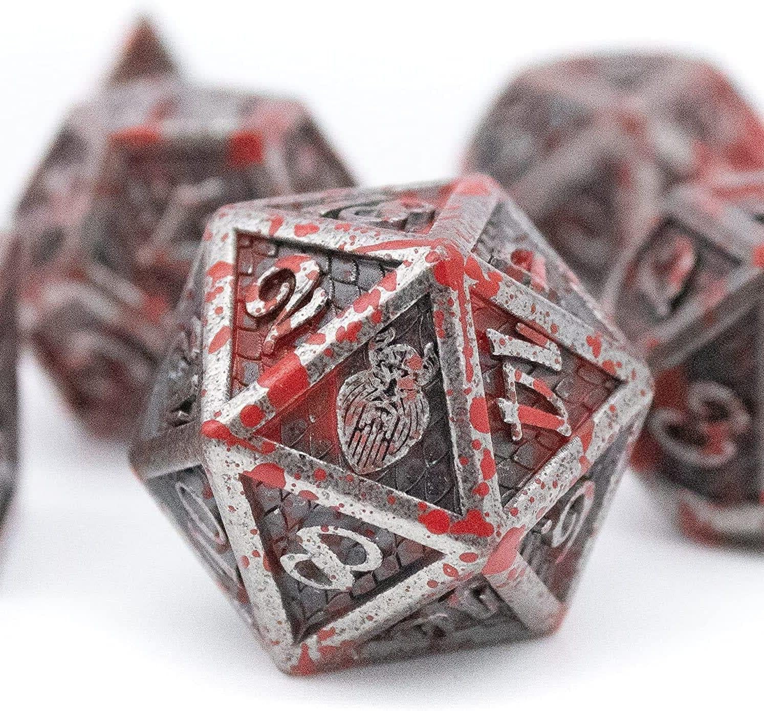 HEIMDALLR Metal DND Dice Set 7 pcs - Dragonhide Design, 16mm Size, Logo on D20; Metal Dice Set & Dice Box; D&D Dice Set D&D (Dungeons and Dragons Dice Set) - Jormungandr Series (Stonetail)