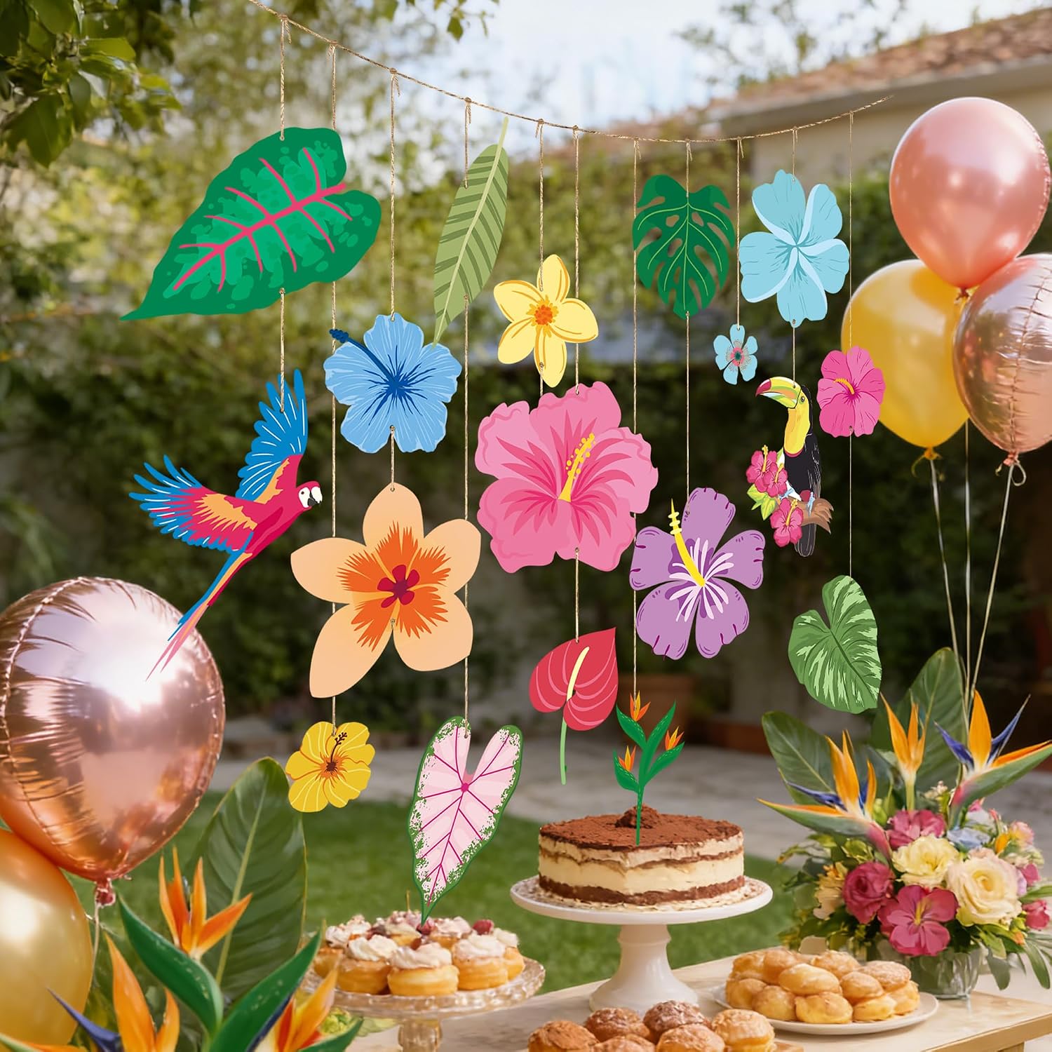 18 PCS Tropical Party Decorations Hanging Garland, Hawaiian Summer Flower Parrot Banner, DIY Ceiling Backdrop Decor for Tropical Birthday, Beach Party