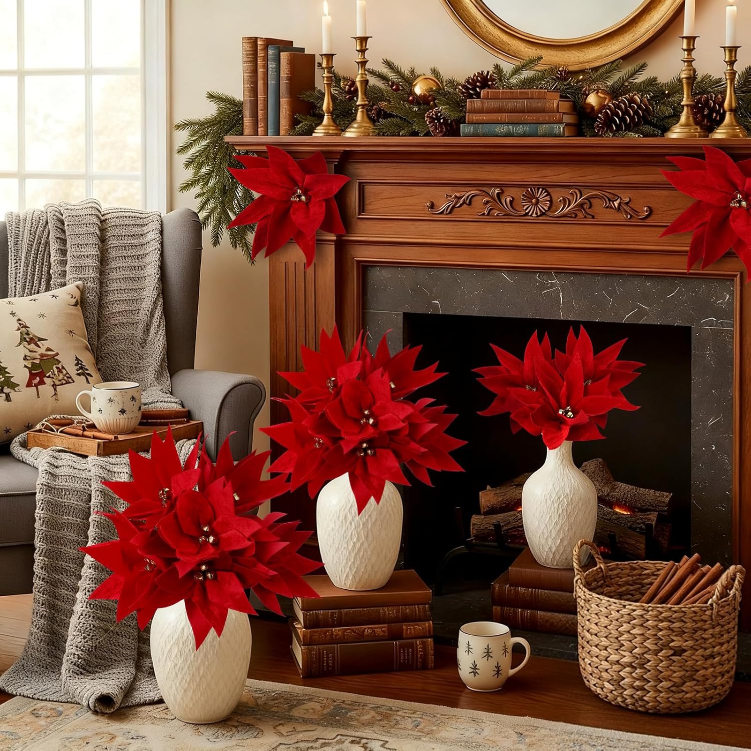 Soulchen 12 Pcs 12 Inch Large Velvet Red Christmas Poinsettia Flowers with Clips and Stems Artificial Red Poinsettia Christmas Bows with Bells Xmas Tree Ornaments for Wreath Garland Holiday Decoration
