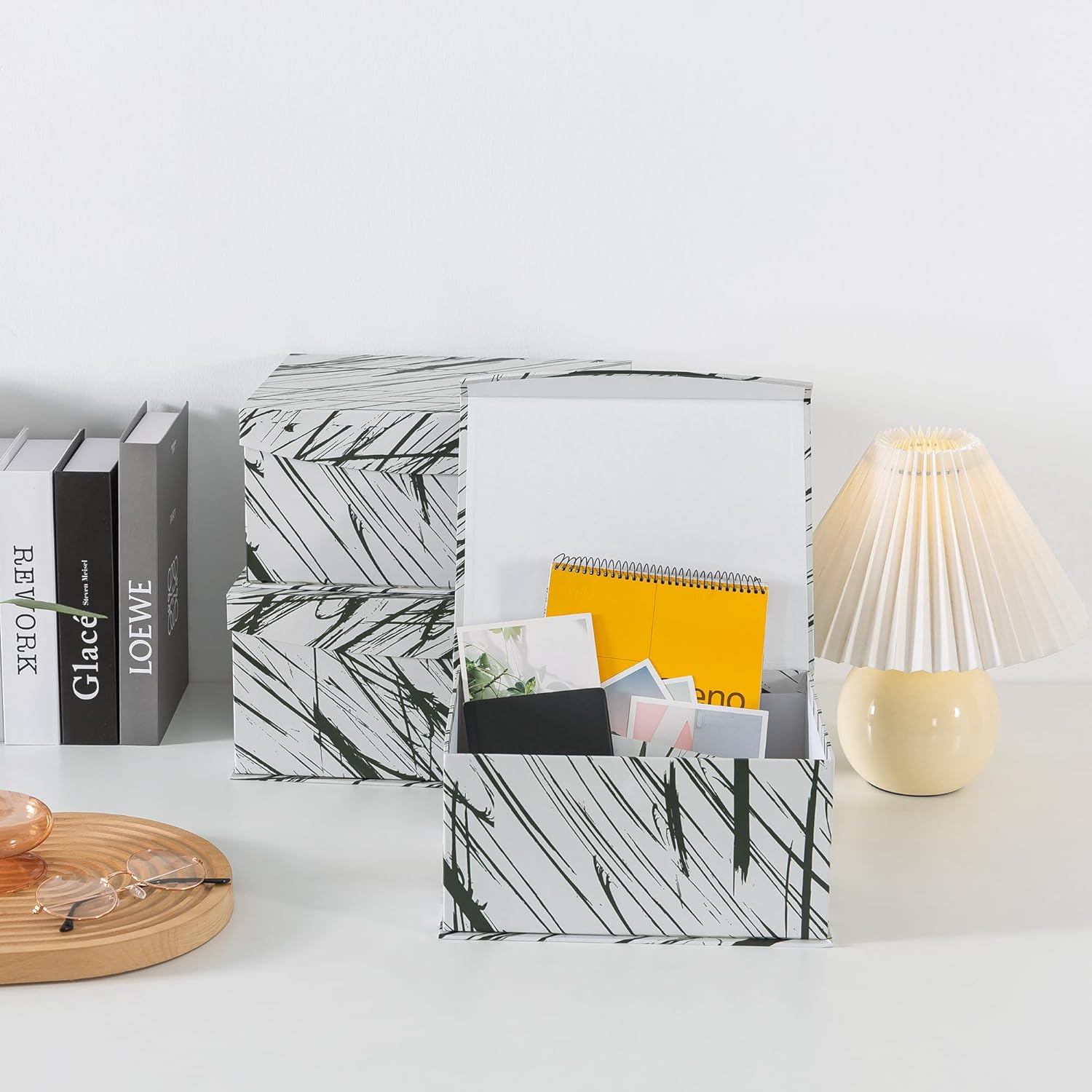 Soul & Lane Decorative Storage Boxes with Magnetic Closure - Set of 3 Modern Memory Keepsake Boxes with Lids, Black and White Cardboard Gift Storage for Organizing and Home Décor, Minimalist Stripe