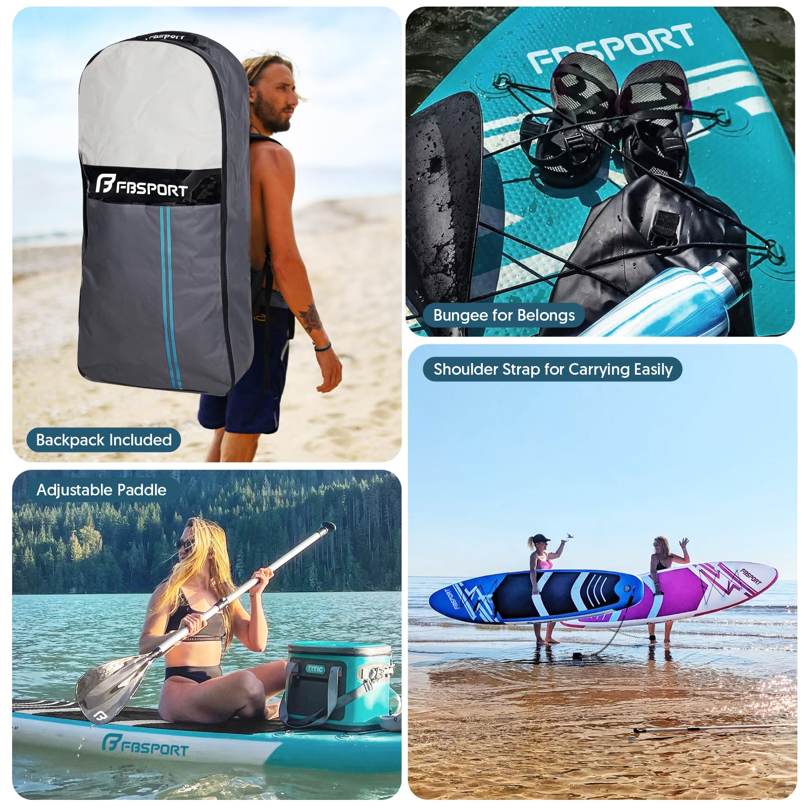 FBSPORT Tabla de Remo de pie 11 pies, Tabla de Yoga con Accesorios Sup y Bolsa de Transporte, Amplia Postura, Control de Surf, Cubierta Antideslizante, Correa, Pala y Bomba para