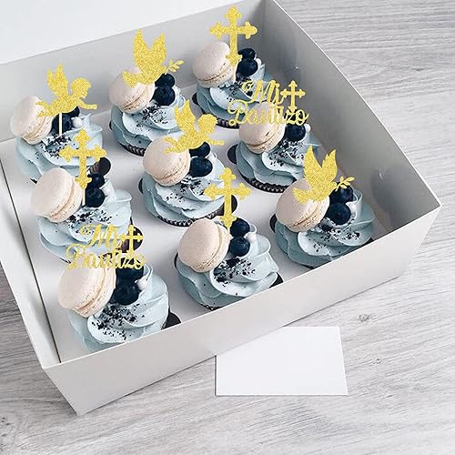 Miniatura 7 de Paquete de 24 adornos españoles Mi Bautizo para magdalenas con purpurina y cruz de ángel, paloma, bautizo, decoraciones para bendición religiosa con