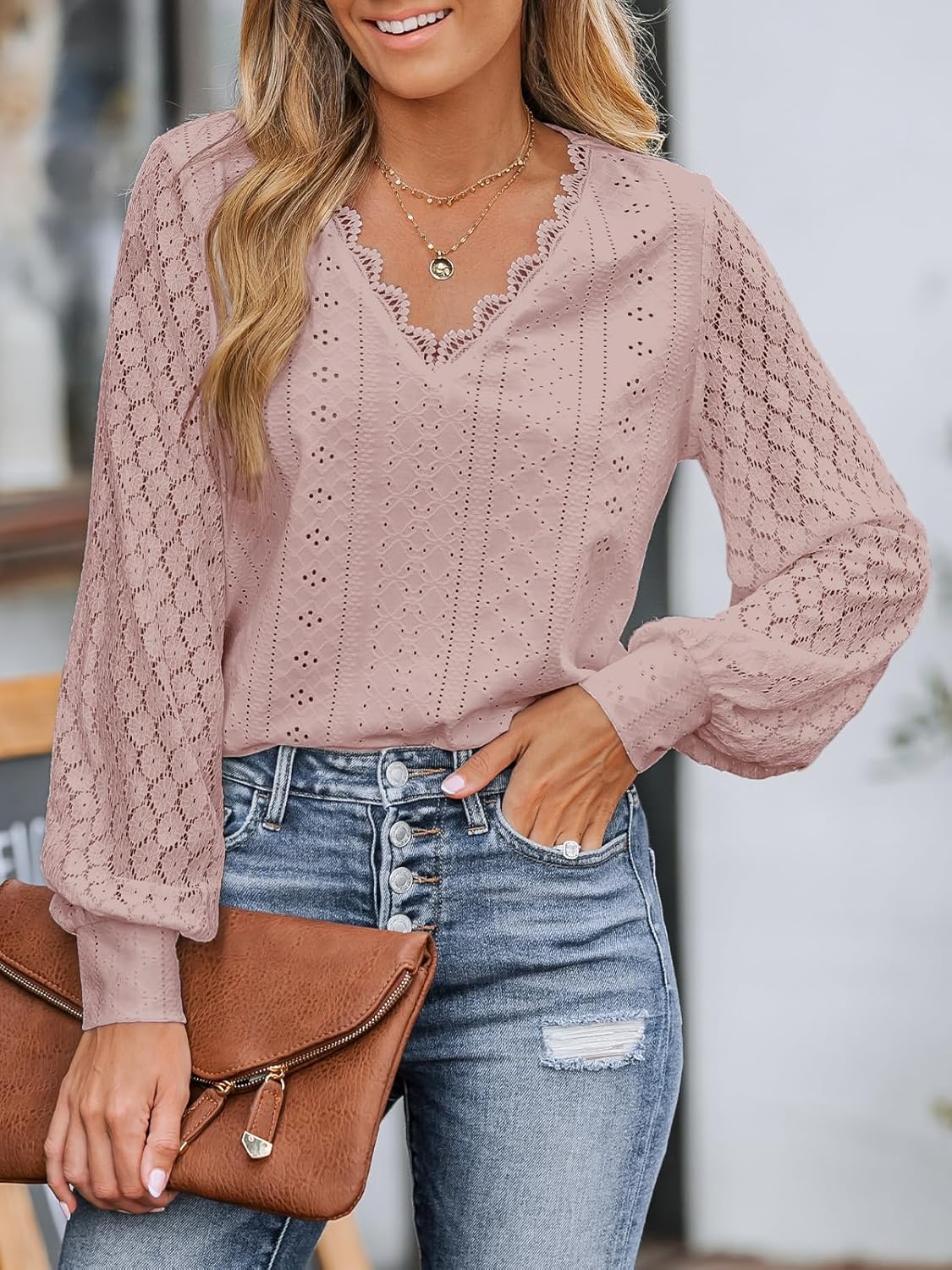 CUPSHE Long Sleeve Tops for Women Eyelet Scalloped Lace V Neck Blouse Casual Loose Fashion Shirts - Image 2