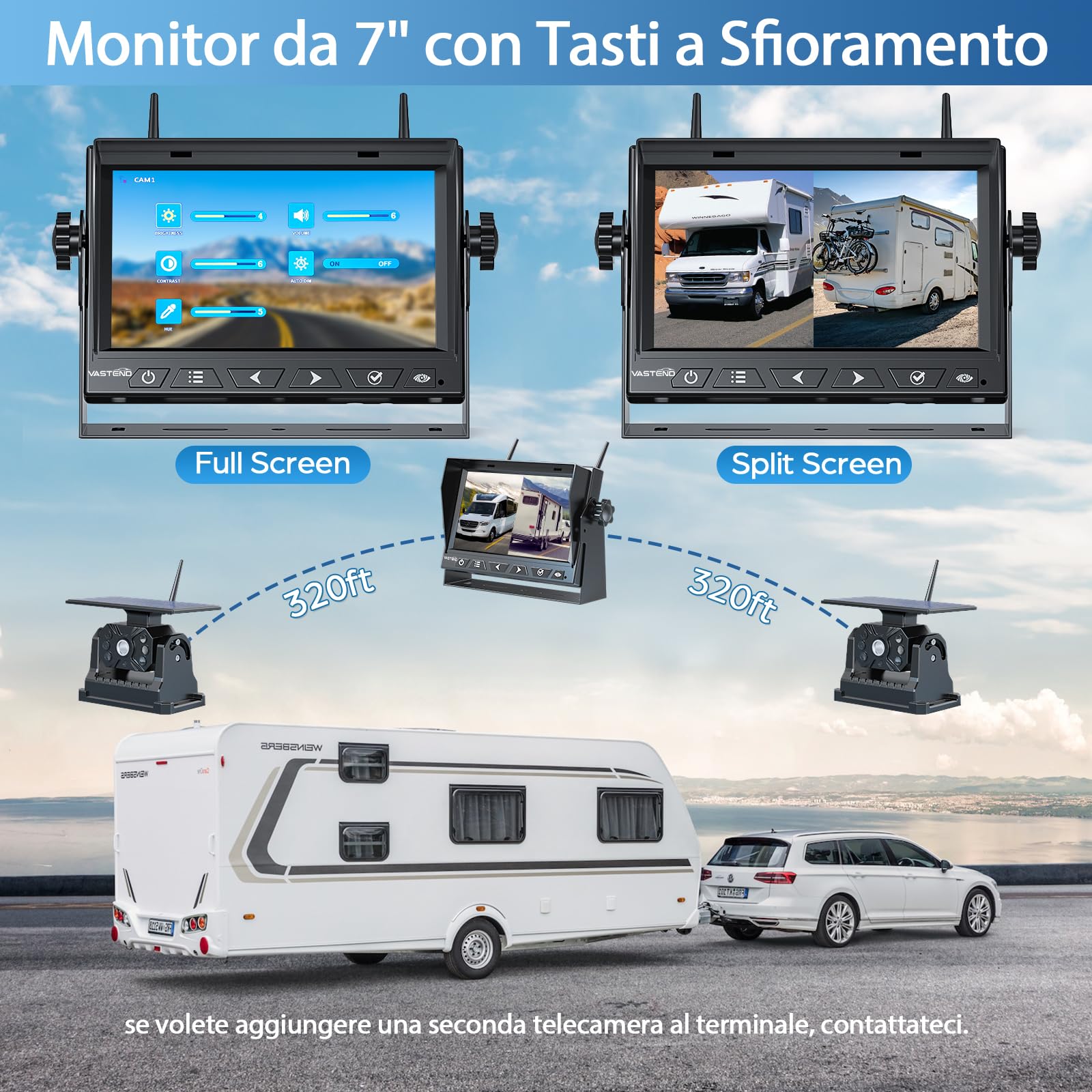 VASTEND Retrocamera Auto Wireless Solare, Magnetica Telecamera Retromarcia con 10000mAh Batteria Ricaricabile, 7 Pollici 1080P Monitor, 170° Grand Angolare, per Camion, Auto, Roulotte