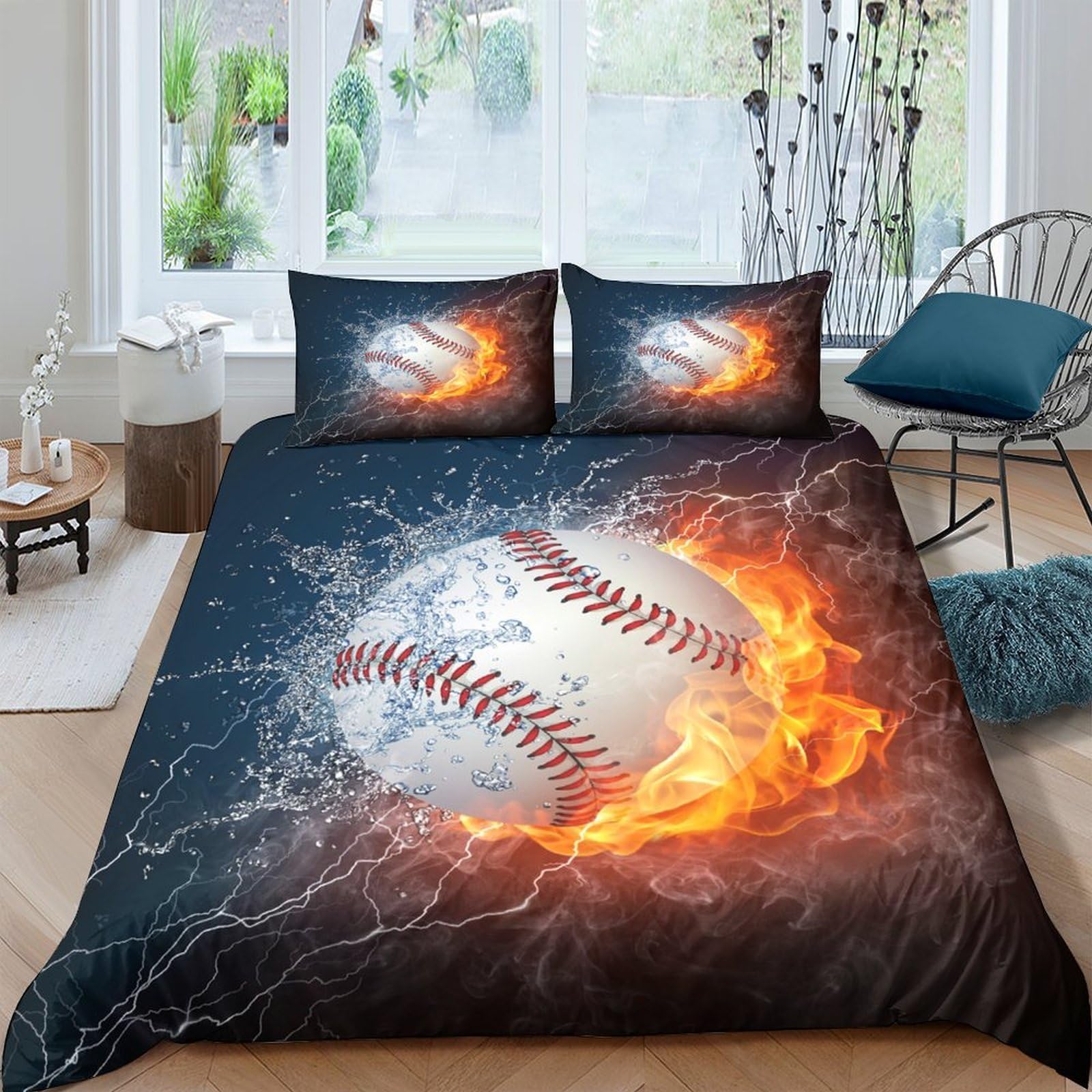 Ctjqhvkz Style-3 3D Printed Flaming Baseball Fitted Sheet Microfiber Soft Breathable Lightning Bed Cover For Bedroom Dorm Mattress Protection Decor Single（135X200cm）