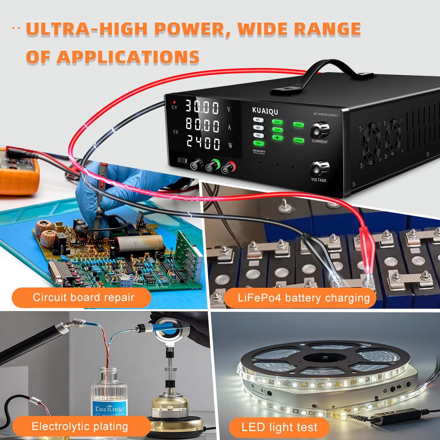 Alimentation de Laboratoire 30V 80A 2400W Haute Puissance Alimentation Stabilisée Réglable avec Mémoire/OCP/OVP/Output/Encodeur d'alimentation Laboratoire pour Laboratoire/Test de Batteries