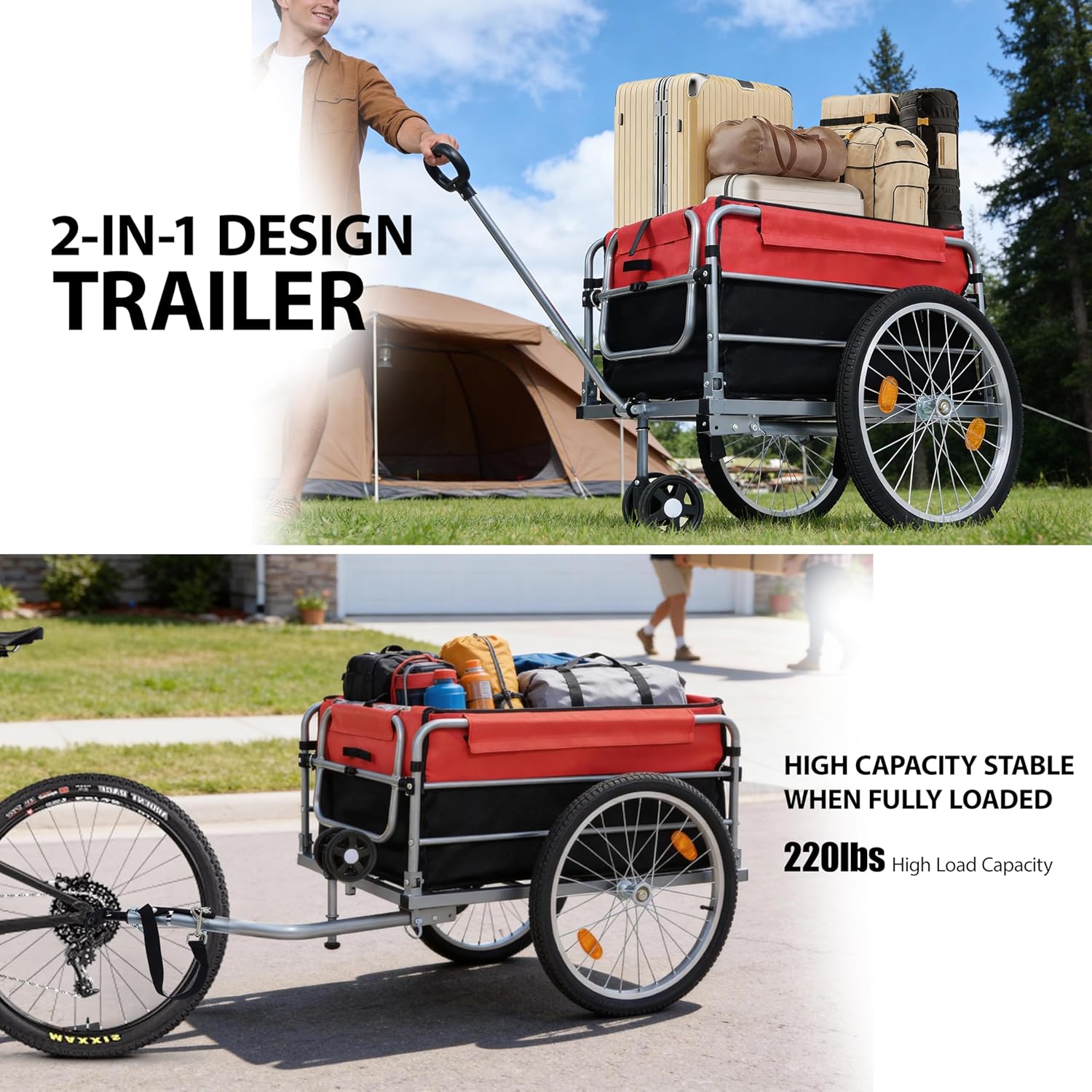 Bike Cargo Trailer Aluminum Luggage Cart with 20" Wheels Folding Groceries Hauler with Safe Hitch System Removable Oxford Fabric Cover for Cycling Travel