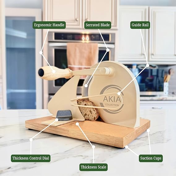 Bread Slicer for Homemade Bread & Sourdough Rounds Manual Sourdough Slicer, Hand Crank Cutter with Adjustable Thickness, Stainless Steel Blade, Includes Beeswax Bag