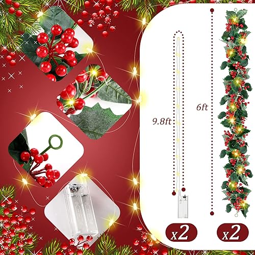 Miniatura 2 de Dingion Guirnalda de Navidad de 12 pies con luces, guirnalda de hojas de acebo y bayas artificiales, funciona con pilas, guirnalda de luces LED para