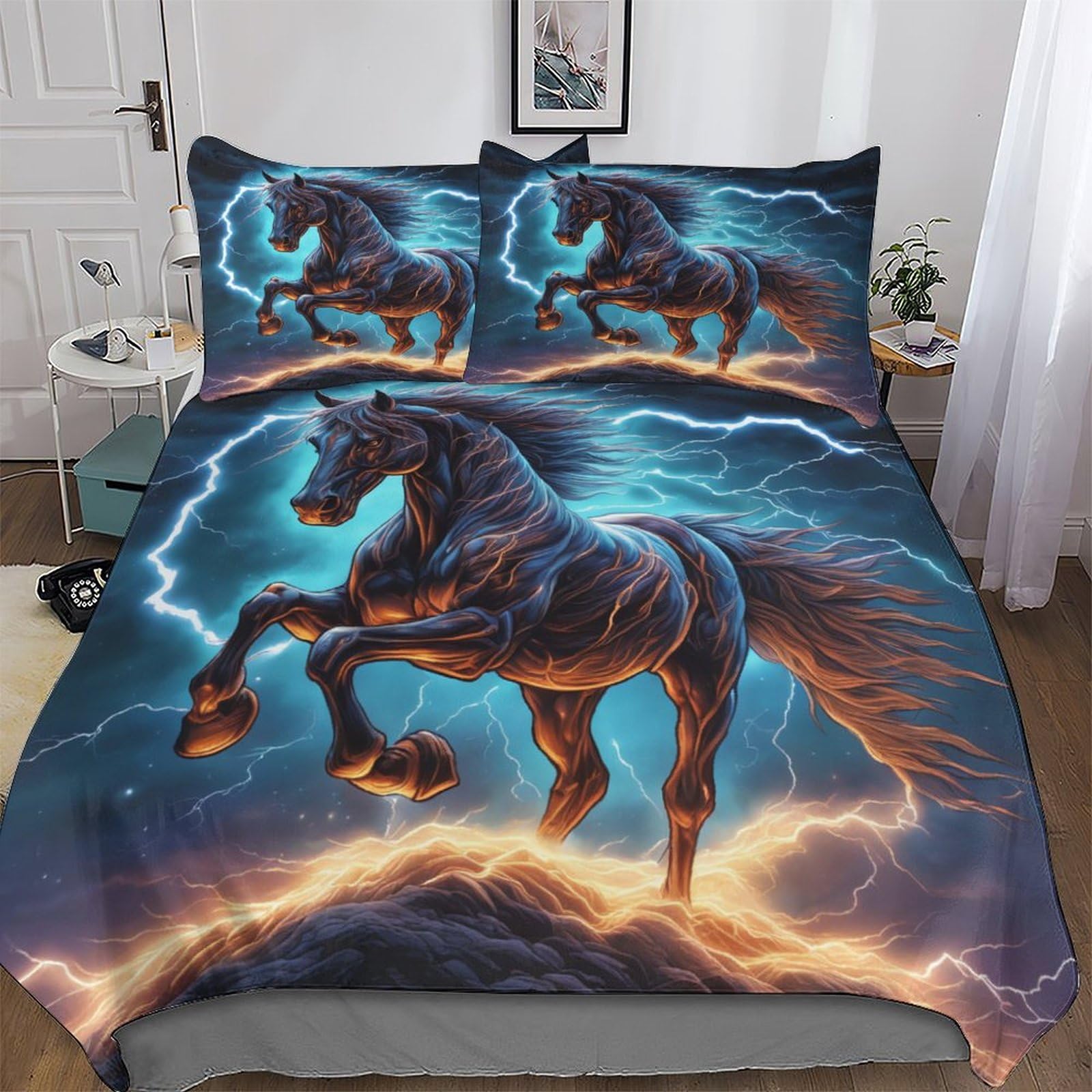 PAZZK Horse Duvet Covers Bedding Sets, with Zipper Closure Comforter Cover 3 Pcs Easy Care And Super Soft Poly Cotton Quilt Cover with Pillowcases for Adults Kids Double (200x200cm)
