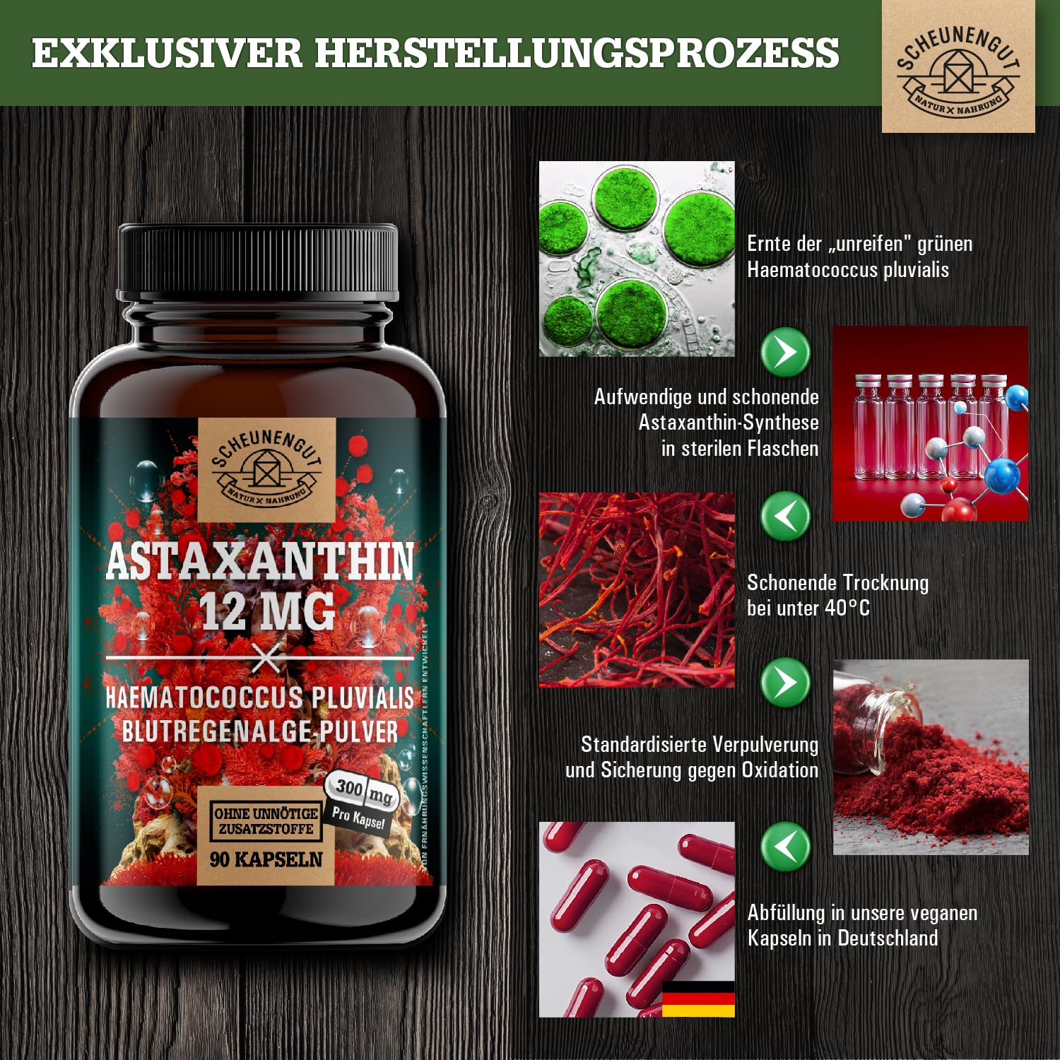 Astaxanthin 12mg -Direkt aus Frankreich- Oxidations-Schutz DE SCHEUNENGUT® | WICHTIG: Oxidationsfrei durch veresterte Struktur -keine China Ware- Zertifiziertes Astaxanthin hochdosiert 90Stk
