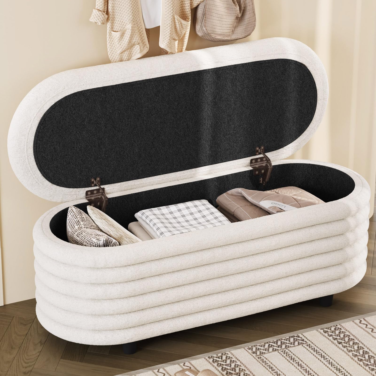 Banc de Rangement Tissu Bouclette Écru Assise Rembourrée, Coffre Lit Entrée Chambre Salon 116,5x45x44 cm Design Moderne
