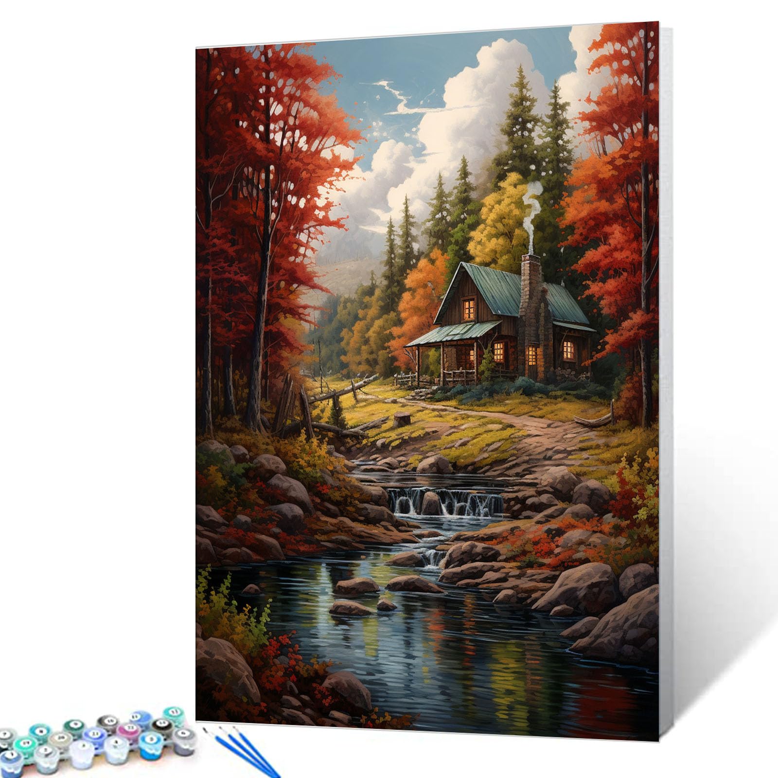 Tucocoo Autumn Forest Digital Painting Kits for Adults Kids Exquisite Forest Cabin Painting by Numbers Set of Assorted Color Oil Painting Kit 16x20 inch Canvas Good for Home Decor Without Frame