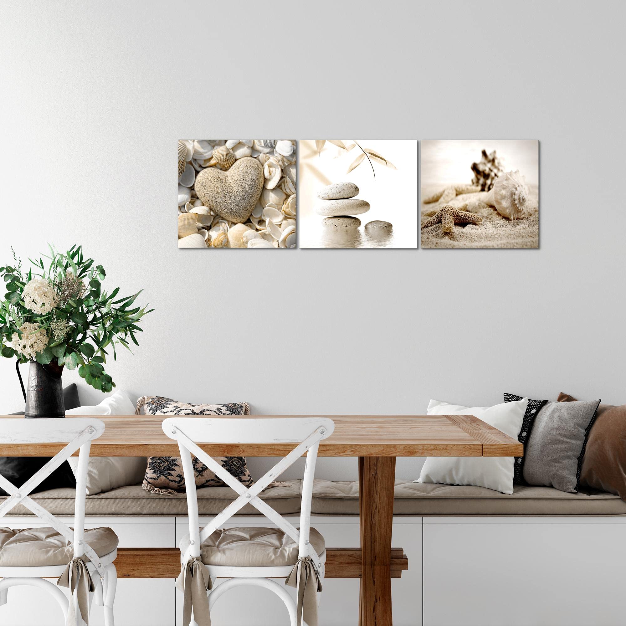 Runa Art Quadri Spiaggia Pietre 120 x 40 cm Murale Tela Non Tessuta Beige Multipanello Moderni Decorazione 501633a