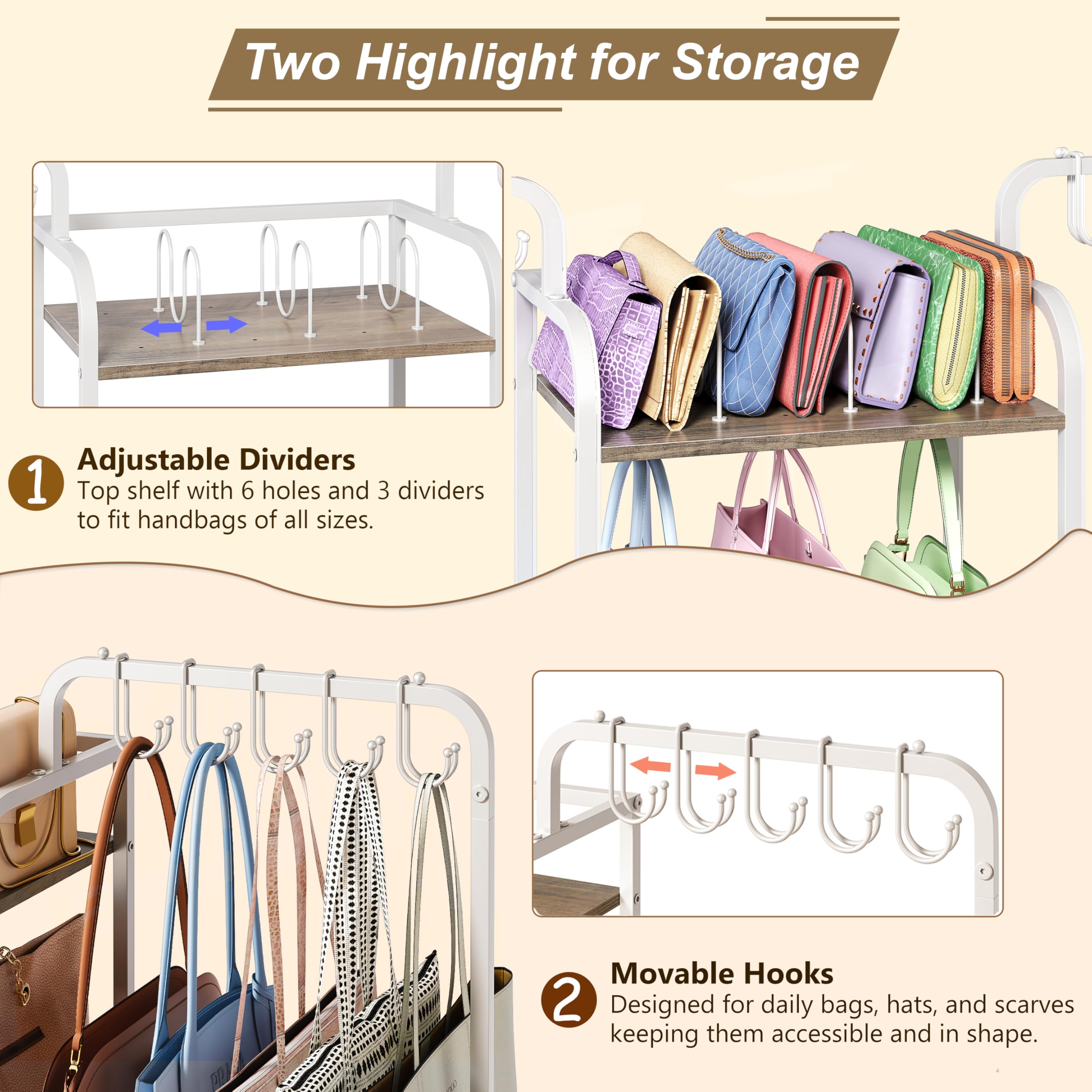 Purse Organizer with 2 Purse Hangers for Purse Storage, High-Capacity Handbag Organizer with 10 Adjustable Hooks and 3 Dividers, Purse Holder for Closet System, Purse Rack Stand for Bag Organization