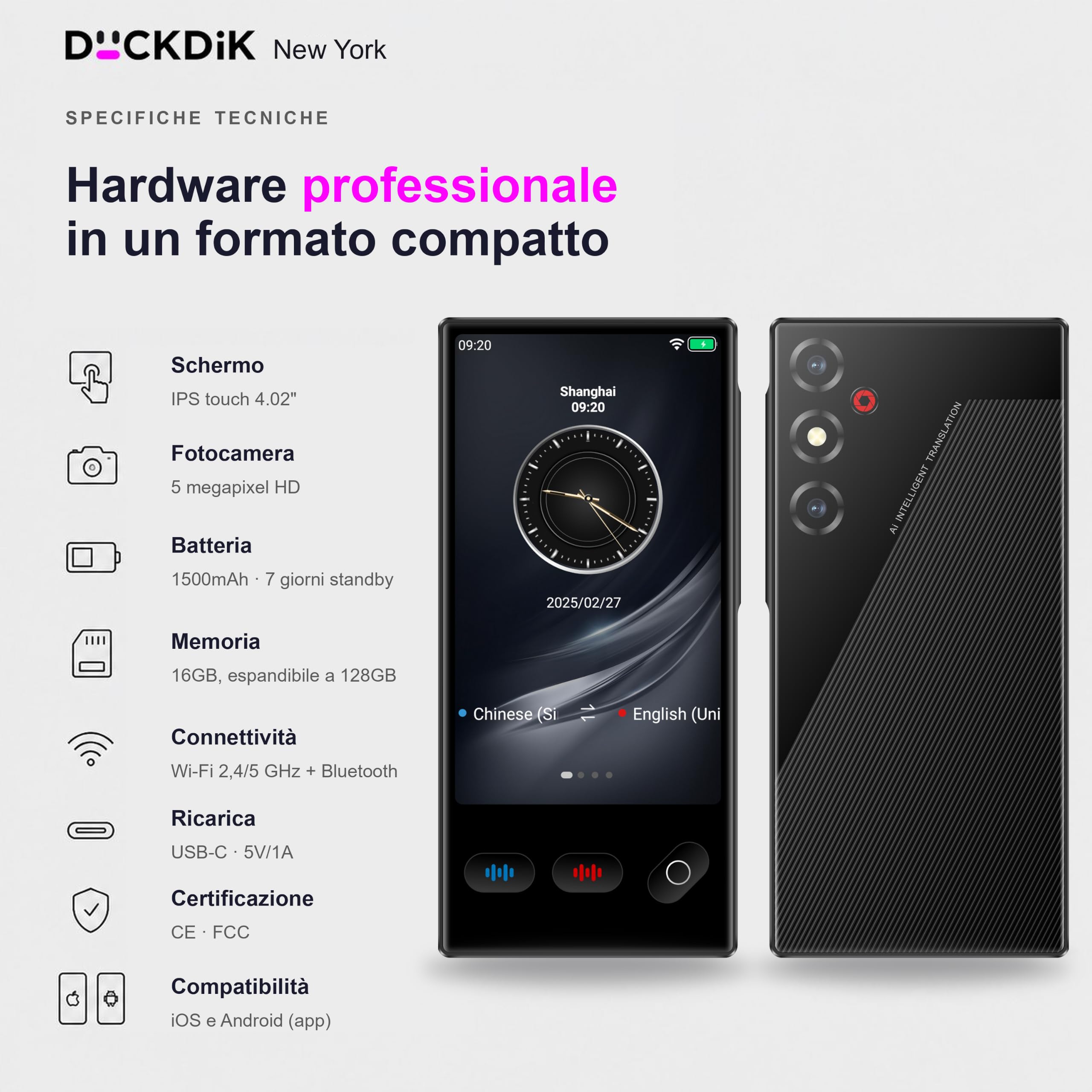 New York 2026, Traduttore di Lingue Istantaneo + App Traduzione Offline Inclusa a Vita (Valore 120€/Anno) — 149 Lingue Online, 19 Offline + 59 nell'App, Schermo Touch 4", IA